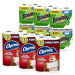 Charmin Ultra Strong Clean Touch Toilet Paper, 24 Family Mega Rolls and Bounty Quick-Size Paper Towels,12 Family Rolls, Bundle (Packaging May Vary)