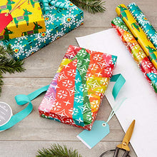 Load image into Gallery viewer, Hallmark Holiday Wrapping Paper with Cut Lines on Reverse (3 Rolls: 120 sq. ft. ttl) Teal, Yellow, Pink, Orange Patchwork and Donkeys for Christmas, Kwanzaa, Three Kings Day
