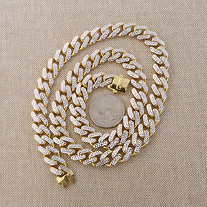 14k Yellow and White Gold Diamond Cut Textured 11 Millimeter Miami Cuban Chain Necklace, 24 Inch