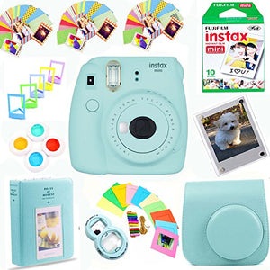 Fujifilm Instax Mini 9 Instant Film Camera (Ice Blue) + Instax Film (10 Shots) + Pleather Case + 64 Pocket Album+ Photix Self-Standing Frames + Stick-on Frames Exclusive Instax Design Bundle