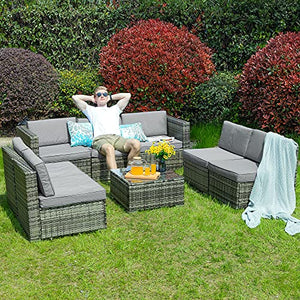YITAHOME 8 Piece Outdoor Patio Furniture Sets, Garden Conversation Wicker Sofa Set, and Patio Sectional Furniture Sofa Set with Coffee Table and Cushion for Lawn, Backyard, and Poolside, Gray Gradient