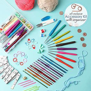 73 Piece Crochet Kit with Crochet Hooks Yarn Set - Premium Bundle Includes Yarn Balls, Needles, Accessories Kit, Canvas Tote Bag and Lot More - Starter Pack for Kids Adults – Beginner, Professionals.