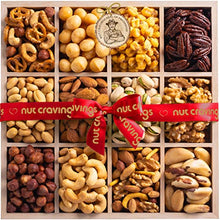 Load image into Gallery viewer, Christmas Gift Basket Holiday Nuts in Reusable Wooden Tray + Heart Ribbon (12 Assortments) Gourmet Food Bouquet Xmas Arrangement Platter, Birthday Care Package, Healthy Kosher Snack Box - Families
