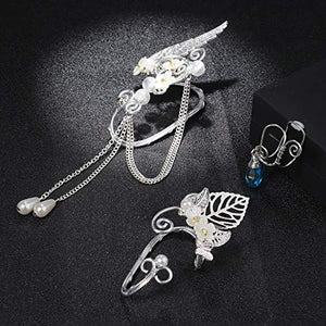 Udalyn 3 Pairs Elf Ear Cuffs Wing Earring Handmade Clip-On Earrings For Cosplay Elven Cuff Wrap Earrings Pearl Wing Tassel Filigree Fantasy Fairy Halloween Masquerade Earrings for Women
