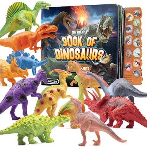 Pack of 12 Toy Dinosaurs Figures With Interactive Dinosaur Sound Book - Realistic Looking Dino Toys for Boys and Girls 3 Years Old & Up