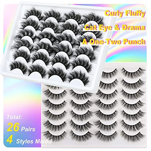 Newcally Curly Faux Mink Eyelashes 26 Pairs 4 Styles Mixed Natural Fluffy False Lashes Dramatic Thick Long Fake Eyelashes Multipack