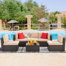 Load image into Gallery viewer, Vongrasig 6 Piece Small Patio Furniture Sets, Outdoor Sectional Sofa All Weather PE Wicker Patio Sofa Couch Garden Backyard Conversation Set with Glass Table,Beige Cushions and Red Pillows (Beige)
