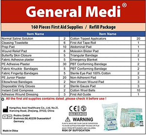 160 Piece First Aid Kit Bag Refill Kit - Includes Eyewash, Instant Cold Pack, Bandages,Emergency Blanket, Moleskin Pad,Gauze - Extra Replacement Medical Supplies for First Aid