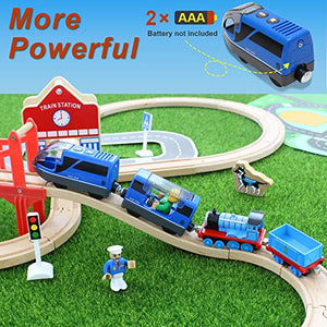 Lebze Battery Operated Action Locomotive Train (Magnetic Connection) - Powerful Engine Travel Train Set Fits Thomas Brio Wooden Train and Tracks - Toy Train Set for Toddlers