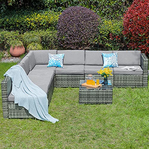 YITAHOME 8 Piece Outdoor Patio Furniture Sets, Garden Conversation Wicker Sofa Set, and Patio Sectional Furniture Sofa Set with Coffee Table and Cushion for Lawn, Backyard, and Poolside, Gray Gradient