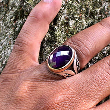 Load image into Gallery viewer, MEVA 925 Sterling Silver Stylish Carved Design Oval Cut Amethyst Stone Men's Ring RKB0046 (12)
