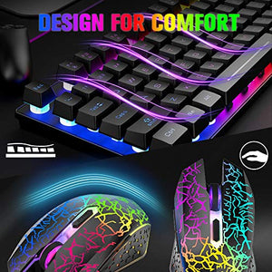 Wireless Gaming Keyboard Mouse and Wired Headphone with Ergonomic 87 Key Rainbow Backlight Rechargeable 3800mAh Battery Mechanical Feel Anti-ghosting Mouse pad for PC Laptop Gamer Typist(Black RGB)