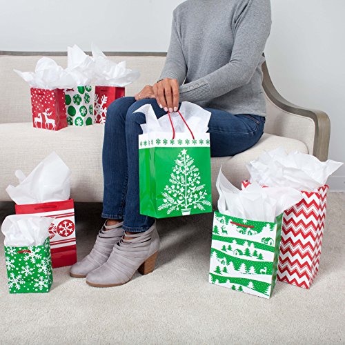 Load image into Gallery viewer, Image Arts Holiday Gift Bag Assortment, Red and Green Snowflakes, Reindeer, Chevron (Pack of 16 Small, Medium, Large Bags for Classrooms, Treats, Gift Exchanges)