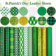 Load image into Gallery viewer, Whaline 12Pcs St. Patrick's Day Faux Leather Sheet Green Plaid Shamrock Clover Lichee Pattern Synthetic Leather Glittery Green Gold Fabric Crafts for Earring Hair Bow Holiday Craft Gift DIY, 8 x 12"
