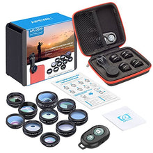 Load image into Gallery viewer, Apexel Phone Camera Lens-Macro Lens+Wide Lens+Fisheye Lens+Telephoto Lens+CPL/Flow/Radial/Star Filter+Kaleidoscope 3/6 Lens 10 in 1 Lens Kit +Remote Shutter for iPhone, Samsung,LG and Most Smartphones

