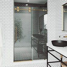 Load image into Gallery viewer, VIGO VG6041MGCL6074 3.0" L -60.0" W -74.0" H Elan Frameless Sliding Rectangle Shower Door with Clear 0.38" Tempered Glass and Stainless Steel Hardware in Matte Gold Finish with Reversible Handle
