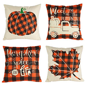 CandoCraft Thanksgiving Fall Throw Pillow Covers 18x18 Set of 4 Autumn Fall Home Decor Farmhouse Buffalo Plaid Pillow Covers Holiday Harvest Pumpkin Decorations