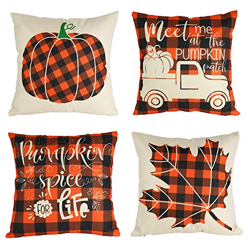 CandoCraft Thanksgiving Fall Throw Pillow Covers 18x18 Set of 4 Autumn Fall Home Decor Farmhouse Buffalo Plaid Pillow Covers Holiday Harvest Pumpkin Decorations