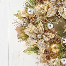 Load image into Gallery viewer, Holiday Tree Christmas Wreath - Champagne Gold Poinsettia Wreath - 22 inches - Handcrafted - Glittery Golden Poinsettias, Natural pinecones, Mini Roses, Faux Foliage and Jeweled Ornaments
