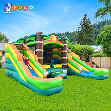 Load image into Gallery viewer, Crossover Tropical Inflatable Bounce House Double Slide 16.5 x 15 x 11 Foot - Big Inflatable Water Slide Bouncer House Combo for Kids - Outdoor Party Bounce House with Blower, Stakes, &amp; Storage Bag
