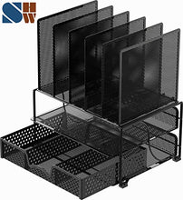 Load image into Gallery viewer, SimpleHouseware Mesh Desk Organizer with Sliding Drawer, Double Tray and 5 Upright Sections, Black
