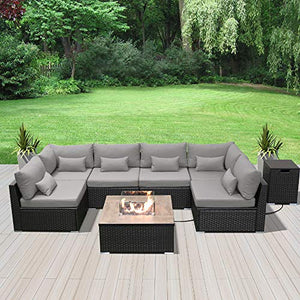 DINELI Patio Furniture Sectional Sofa with Gas Fire Pit Table Outdoor Patio Furniture Sets Propane Fire Pit (Light Gray-Square Table)