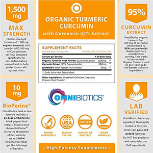 Organic Turmeric Curcumin Supplement 1500mg with BioPerine | 95% Standardized Curcuminoid Extract & Organic Root Powder with Piperine Black Pepper Fruit (10mg), 120 Vegetarian Capsules