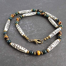 Load image into Gallery viewer, Carved Bone, Bloodstone, Tiger Eye Gemstone - Mens Tribal Style Necklace 19 inch - Handcrafted in USA
