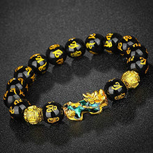 Load image into Gallery viewer, Feng Shui 10mm Hand Carved Mantra Bead Bracelet with Golden Coins Bead and Color Changed Pi Xiu/Pi Yao Attract Wealth and Good Luck
