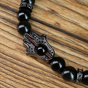 COAI Hand of Hamsa Black Obsidian Stone Mens Bracelet 7"