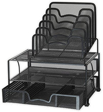 Load image into Gallery viewer, SimpleHouseware Mesh Desk Organizer with Sliding Drawer, Double Tray and 5 Stacking Sorter Sections, Black
