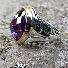 Load image into Gallery viewer, MEVA 925 Sterling Silver Stylish Carved Design Oval Cut Amethyst Stone Men's Ring RKB0046 (12)
