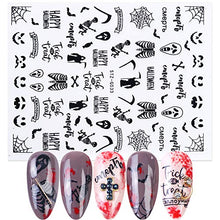 Load image into Gallery viewer, 3D Halloween Nail Art Stickers Black Self Adhesive Nails Art Accessories Decals Spider Web Ghost Pumpkin Skull Cat Witch Cool Spooky Slider Wraps for Halloween Holiday Supplies Nail Art Decorations

