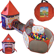 Load image into Gallery viewer, Playz 3pc Rocket Ship Astronaut Kids Play Tent, Tunnel, &amp; Ball Pit with Basketball Hoop Toys for Boys, Girls, Babies, and Toddlers - STEM Inspired Educational Galactic Spaceship Design w/ Planets
