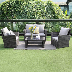 Wisteria Lane 4 Piece Outdoor Patio Furniture Sets, Wicker Conversation Set for Porch Deck, Gray Rattan Sofa Chair with Cushion