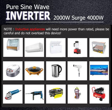 Load image into Gallery viewer, aeliussine Power Inverter 2000W Pure Sine Wave Inverter 12v DC to AC 120v Peak 4000 Watt Converter with LCD Display USB Charge Port for Car RV Boat Solar Power System.
