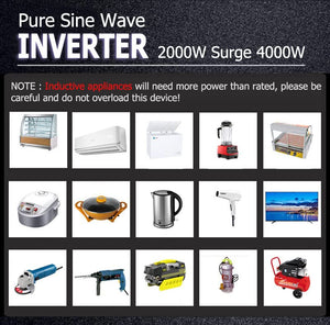 aeliussine Power Inverter 2000W Pure Sine Wave Inverter 12v DC to AC 120v Peak 4000 Watt Converter with LCD Display USB Charge Port for Car RV Boat Solar Power System.