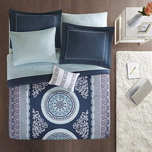 Load image into Gallery viewer, Intelligent Design Loretta Ultra Soft Brushed Microfiber Bohemian Boho Medallion Comforter and Sheet Set Bag Bedding, Queen, Navy 9 Piece
