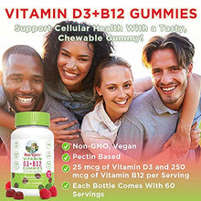 Load image into Gallery viewer, Vitamin D3 + Vitamin B12 | Sugar Free | 2 Month Supply | Vitamin D &amp; B12 Vitamin Gummy Supplements for Adults &amp; Kids | Supports Bone Health | Energy Boost | Vegan | Non-GMO | Gluten Free | 60 Servings
