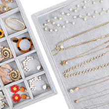 Load image into Gallery viewer, Mebbay Stackable Velvet Jewelry Trays Organizer, Jewelry Storage Display Trays for Drawer, Earring Necklace Bracelet Ring Organizer, Set of 4 (Grey)
