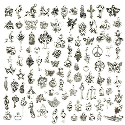 Wholesale Bulk Lots Jewelry Making Silver Charms Mixed Smooth Tibetan Silver Metal Charms Pendants DIY for Necklace Bracelet Jewelry Making and Crafting, JIALEEY 100 PCS