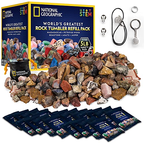 NATIONAL GEOGRAPHIC Rock Tumbler Refill – 5 Pound Mix of Rocks and Gemstones for Rock Tumblers, Includes Agate, Jasper, Petrified Wood, Gemstone, and More, 5 Jewelry Settings and Polishing Grit
