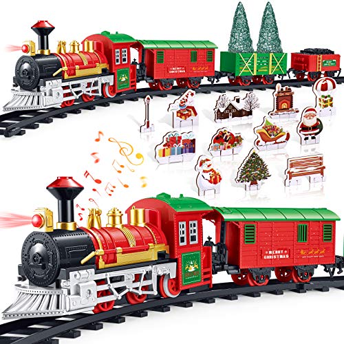 iBaseToy Christmas Train Set with Controllable Sound & Light, Battery Powered Train for Christmas Tree, kids Train Toy Set with 52
