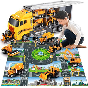 TEMI Toddler Toys for 3 4 5 6 Years Old Boys, Die-cast Construction Toys Car Carrier Vehicle Toy Set w/ Play Mat, Kids Toys Truck Alloy Metal Car Toys Set for Age 3-9 Toddlers Kids Boys & Girls