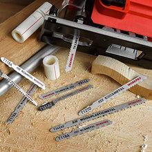 Load image into Gallery viewer, WORKPRO 25-piece T-Shank Jig Saw Blade Set with Storage Case, Made with HCS/HSS/BIM, Assorted Blades for Wood, Plastic and Metal Cutting
