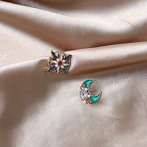 14K Gold Plated Luxury Retro Aristocratic Palce Enamel Sun & Moon Stud Earrings for Women S925 Silver Post Stud Light Weight Birthday Valentine's Day Mothers Day Christmas Gift