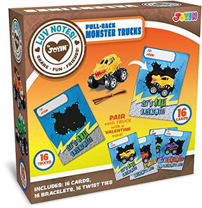 JOYIN 16 Pack Valentines Day Gift Cards With Gift Pull Back Monster Truck Toys for Valentine's Classroom Exchange Prizes Valentine Party Favor Toys