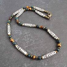 Load image into Gallery viewer, Carved Bone, Bloodstone, Tiger Eye Gemstone - Mens Tribal Style Necklace 19 inch - Handcrafted in USA
