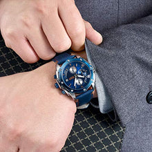 Load image into Gallery viewer, MEGIR Men Business Analogue Quartz Watch with Fashion Blue Leather Strap Chronograph Luminous Auto Calendar for Sport &amp; Work 2074 Blue
