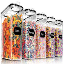 Load image into Gallery viewer, 5PCS Cereal Containers Storage Set, PRAKI BPA Free Airtight Food Storage Container Set with Lids, Kitchen Pantry Organization and Storage for Sugar, Baking Supplies with 20 Labels &amp; Mark(4L Black)
